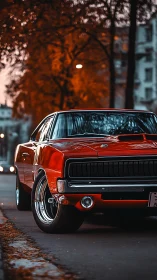 Bold red muscle car glows against a warm autumn city street
