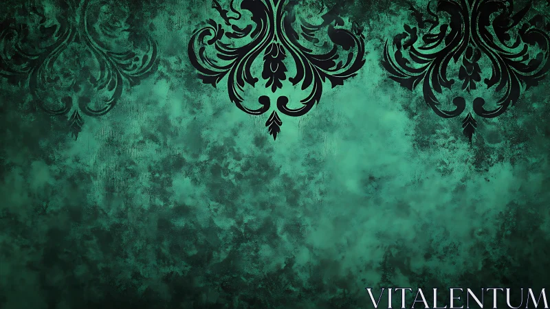 Ornamental black damask motifs on textured teal background.