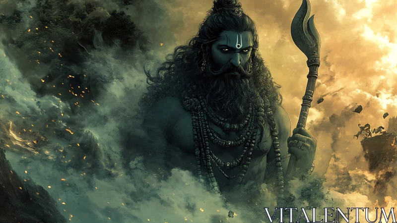 Mythic warrior deity stands amid storm and floating ruins.