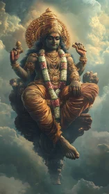 Divine four-armed deity seated on ornate celestial throne.