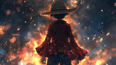 Solitary figure in straw hat stands before diffuse fire field
