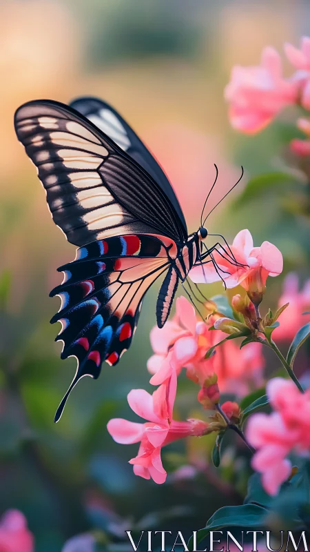 Macro study of swallowtail butterfly on pink blossoms at dusk