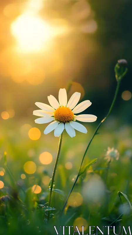 Single daisy in backlit field with soft circular bokeh.