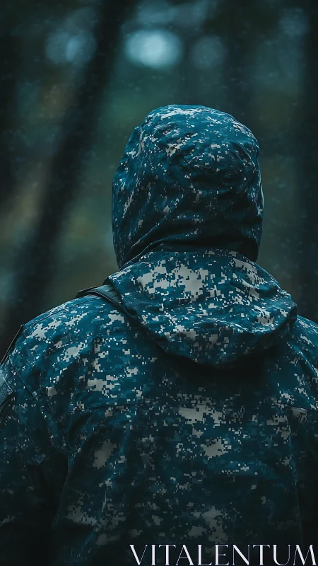 Quiet figure in digital camo jacket stands in soft forest rain