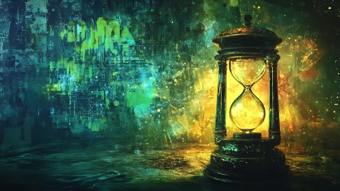 Glimmering hourglass lamp glows warmly in swirling colors