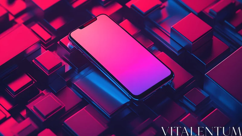 Futuristic smartphone on neon geometric blocks, digital art concept. Futuristic smartphone on neon geometric blocks, digital art concept.