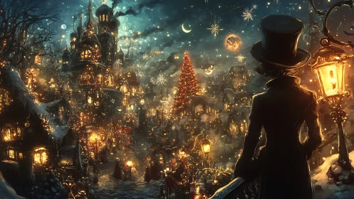 Victorian observer over enchanted winter holiday townscape.