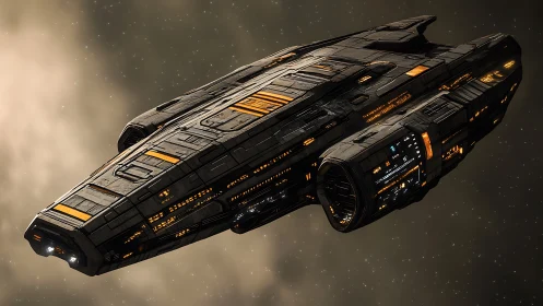 Starlit cruiser glides calmly through deep golden space