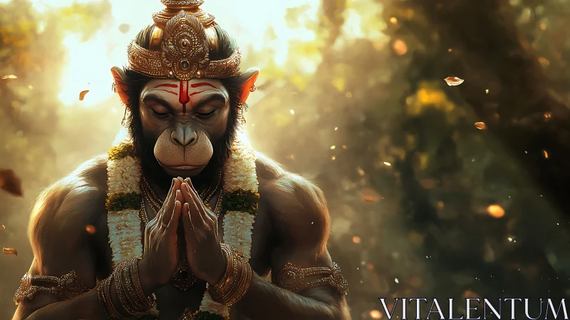 Divine simian warrior in golden forest light, hands in prayer.