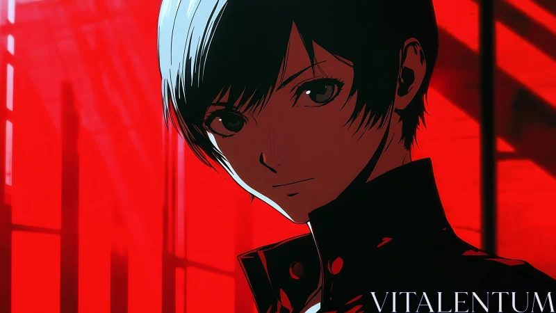 Stoic anime youth framed by stark red shadows. Period.