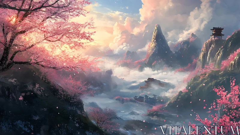 Sunlit sakura valley surrounds misty mountains and temples