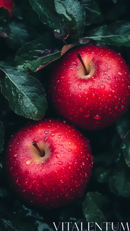Wet red apples in dark foliage with cinematic close-up lighting.