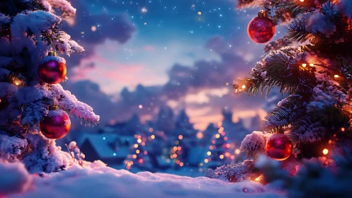 Cozy snowy Christmas trees glowing with warm village lights.