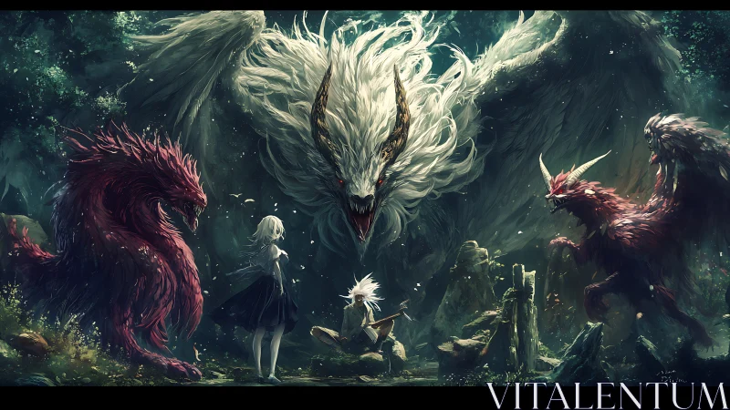 Gentle forest guardians encircle two young wanderers in wonder.