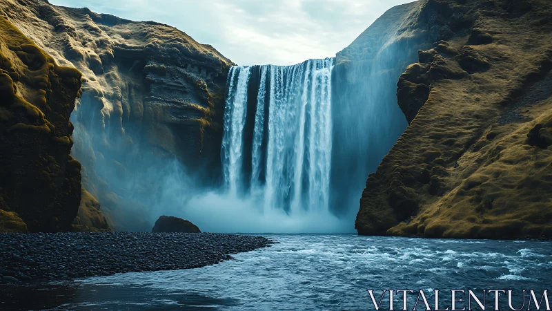 Majestic Waterfall Cascading Through Ancient Stone.