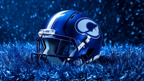 Chrome blue football helmet on illuminated synthetic turf field.
