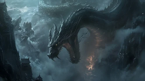 Ancient serpentine dragon engulfs storm-laden mountain citadel