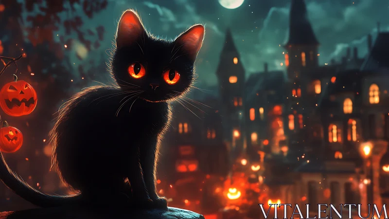 Black Cat with Glowing Eyes Against Haunted Halloween Village.