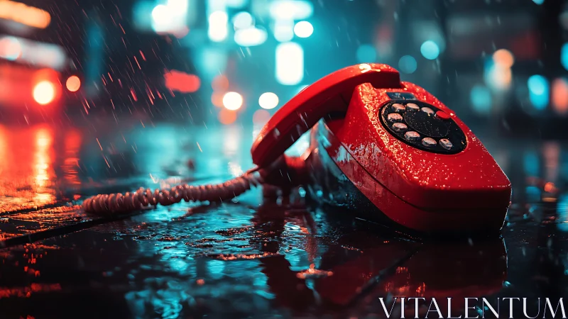 Retro red telephone in neon rain-soaked urban streetscape.