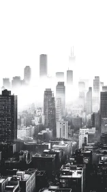 Monochrome high rise cityscape with layered urban density.