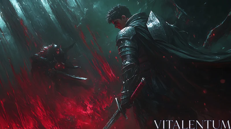Dark armored swordsman faces demonic beast in red storm.