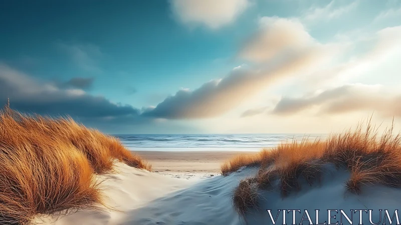 Coastal sand dunes with golden grass under pastel clouds.