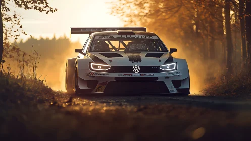 Sunlit forest tarmac crowns a low-slung Volkswagen racer