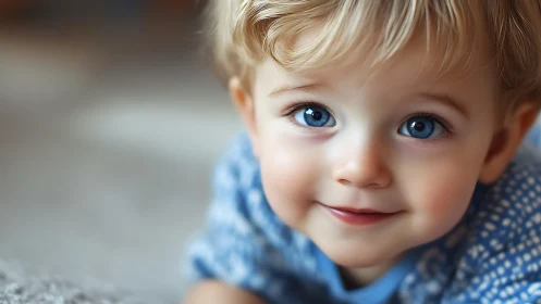 Young child with blue eyes and light blonde hair smiling gently.