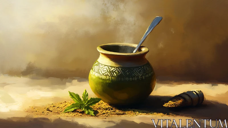 Steam rises from rustic mate gourd under warm sidelight