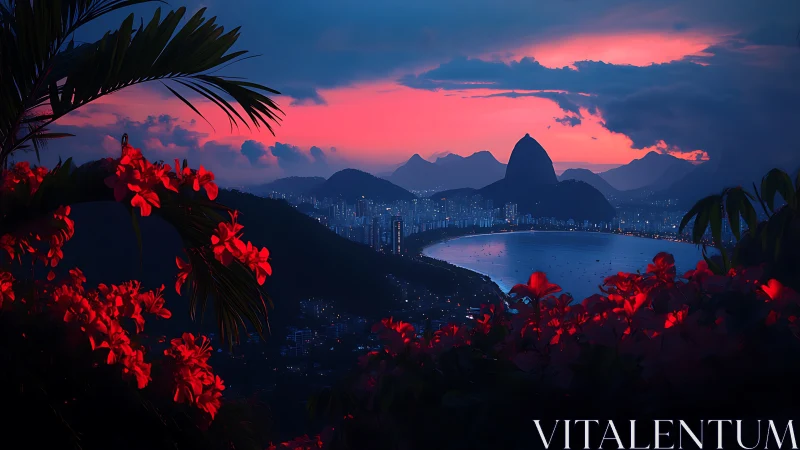 Coastal city bay at dusk framed by red tropical flowers.