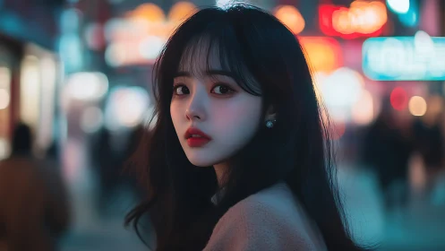 Digital portrait girl under neon city lights at night.