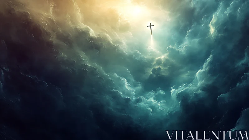 Luminous cross pierces storm clouds under celestial light.