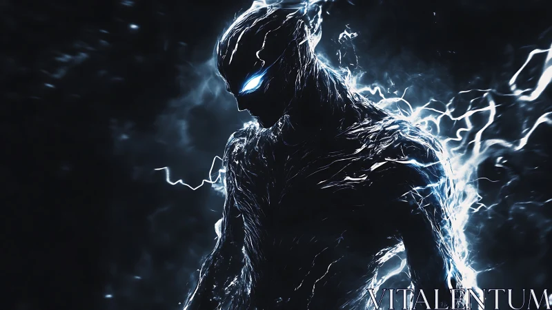 Electric phantom silhouette in crackling blue energy storm.