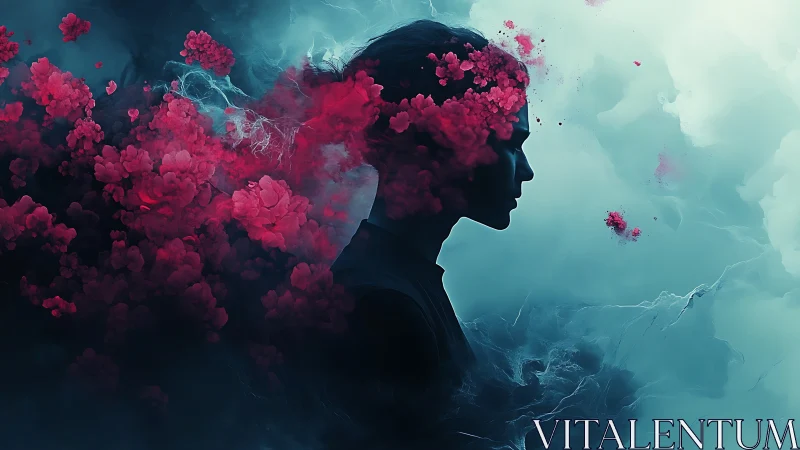 Silhouetted female profile dissolves into abstract crimson clouds