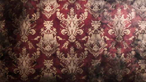 Vintage red damask wallpaper shows distressed ornate pattern