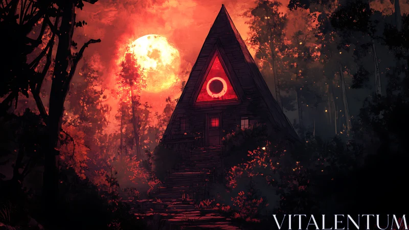 Crimson moonlit triangle cabin guards a haunted forest path.