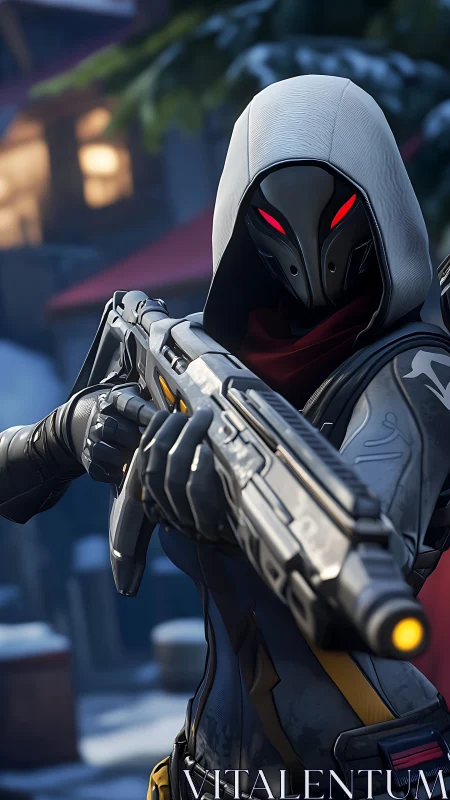 Winter-hooded cyber assassin aims down frosted city streets.