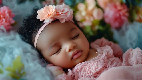 Newborn portrait with floral headband and pastel lace dress.