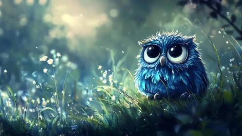 Cute Blue Owl in Enchanted Forest, Digital Fantasy Art Style.