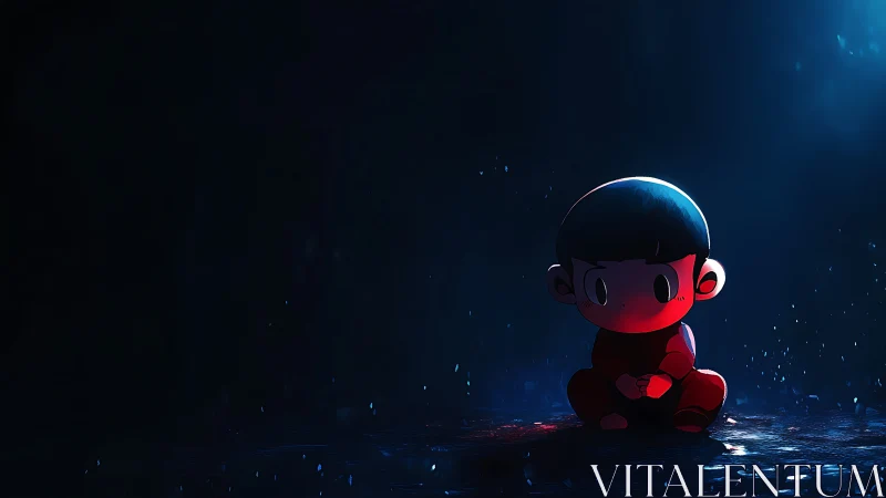 Lonely cartoon child in blue and red light at night.