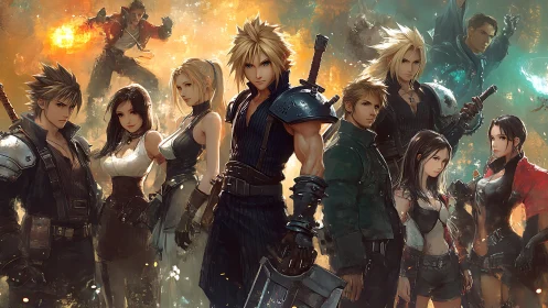 Epic anime warriors stand united amid blazing battlefields.