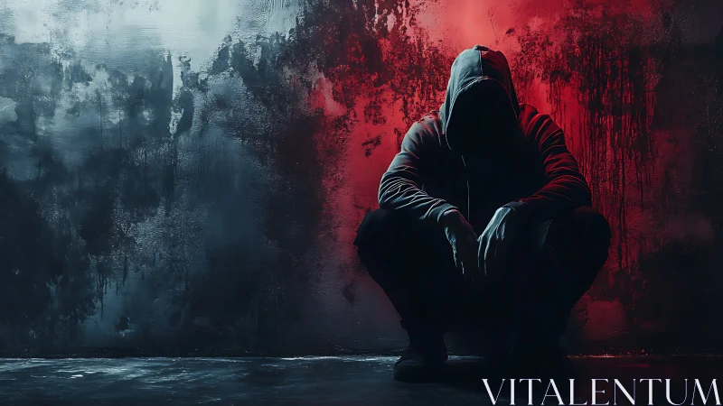 Hooded figure crouches in moody red and blue shadows