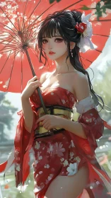 Kimono-clad heroine holds crimson parasol in soft sunlight.