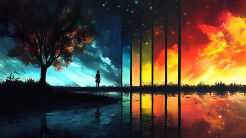 Silhouetted wanderer crosses a vivid sky portal at dusk.