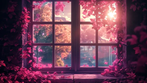 Sunlit window frames pink foliage and soft garden view