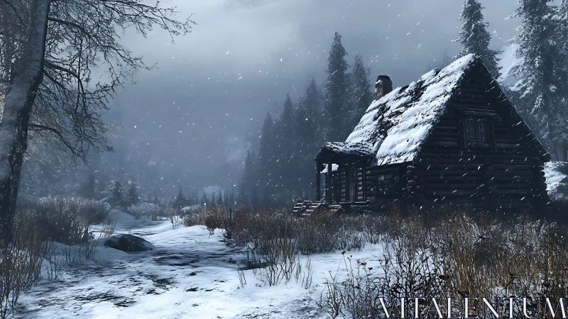 Snow covered log cabin in remote winter forest storm.