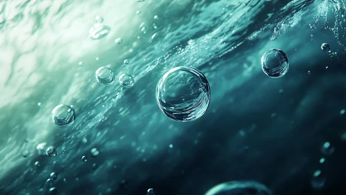 Macro 3D visualization of underwater bubbles in teal gradient.