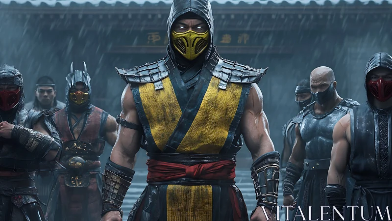 Masked warriors stand united in rainy courtyard scene.
