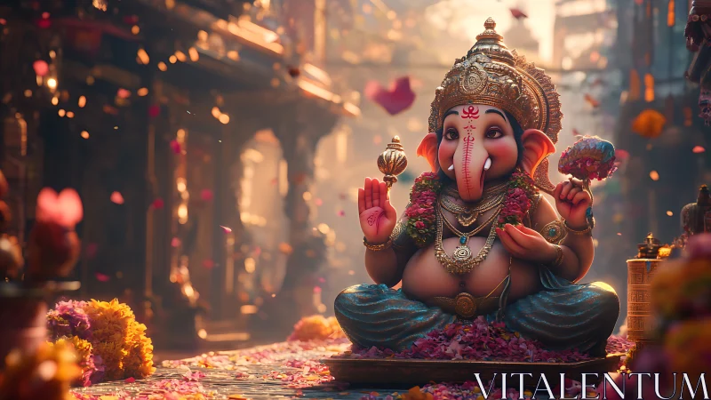 Ganesha idol sits on flower covered street in warm light