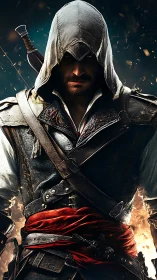 Hooded rogue warrior emerging from embers in cinematic armor.